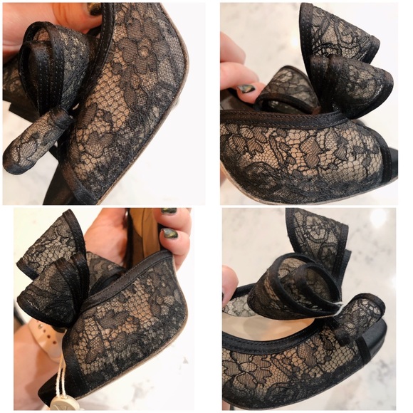 VALENTINO GARAVANI Black D’orsay Floral Lace Bow Peep Toe Satin Pumps SZ 36.5 - Picture 14 of 17